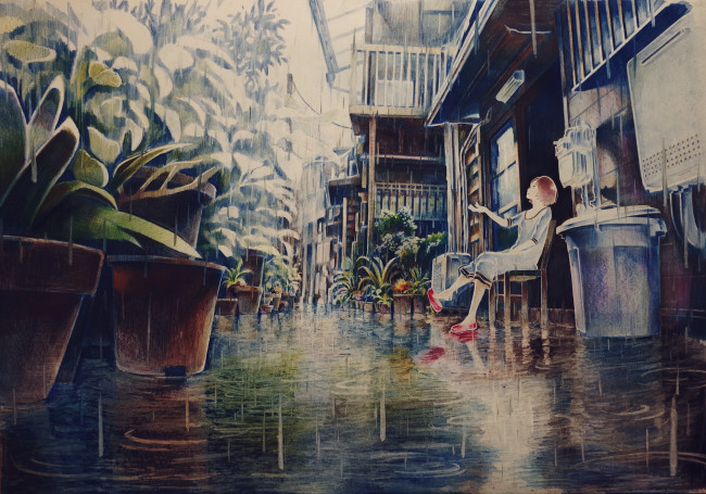 Обои картинки фото аниме, город,  улицы,  здания, дождь, девушка