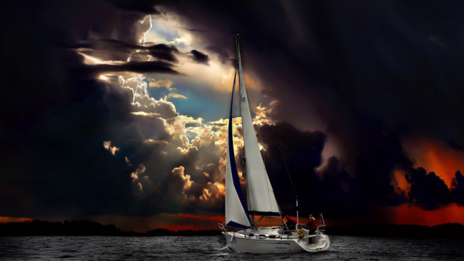 Обои картинки фото корабли, Яхты, тучи, просвет, облака, циклон, парусник, люди, океан, море