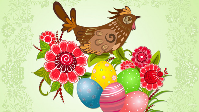 Обои картинки фото праздничные, пасха, цветы, яйца, курица