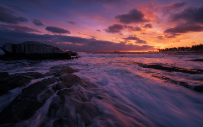 Обои картинки фото природа, восходы, закаты, rock, waves, coast, sunset