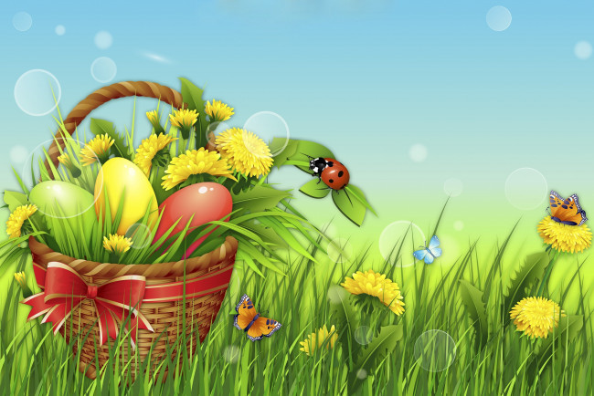 Обои картинки фото праздничные, пасха, яйца, цветы, корзина