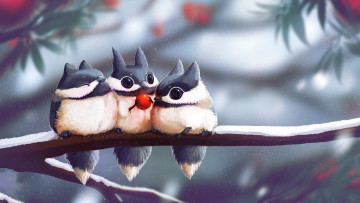 Картинка рисованное животные существа фон снег ветка птицы