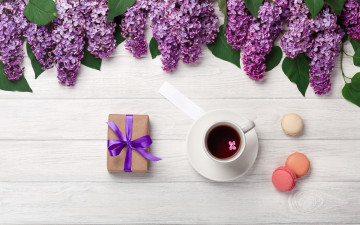 Картинка еда кофе +кофейные+зёрна цветы flowers сирень romantic coffee cup spring purple macarons lilac чашка макаруны