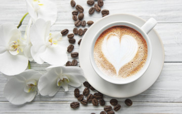 обоя еда, кофе,  кофейные зёрна, сердце, чашка, белая, орхидея