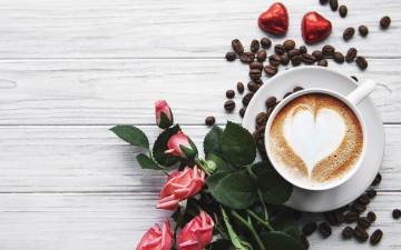 Картинка еда кофе +кофейные+зёрна сердце розы букет конфеты чашка