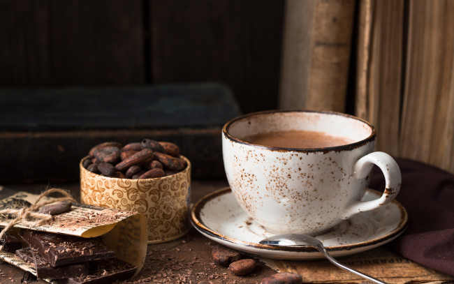 Обои картинки фото еда, кофе,  кофейные зёрна, чашка, плитка, шоколада, какао, бобы