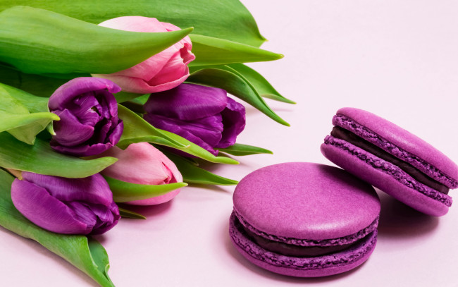 Обои картинки фото еда, макаруны, цветы, букет, тюльпаны, flowers, tulips, purple, macarons