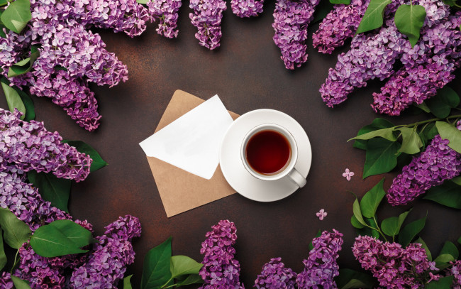 Обои картинки фото еда, напитки,  чай, цветы, flowers, сирень, romantic, coffee, cup, spring, purple, lilac, чашка, кофе