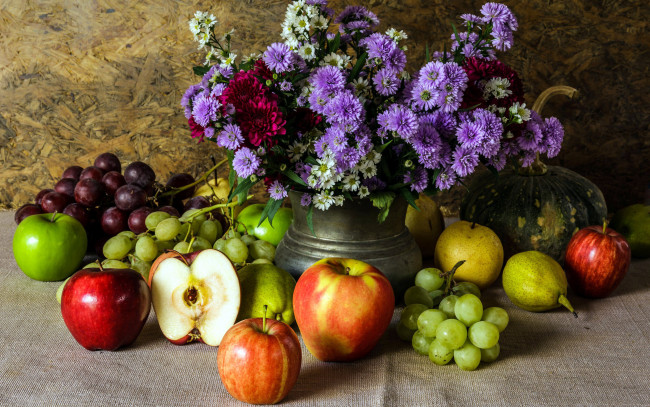 Обои картинки фото еда, натюрморт, яблоки, виноград