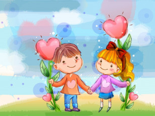 обоя рисованное, дети, мальчик, девочка, цветы, сердечки
