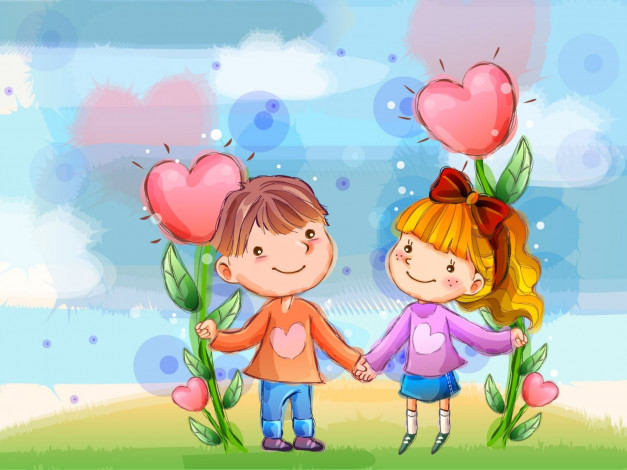 Обои картинки фото рисованное, дети, мальчик, девочка, цветы, сердечки