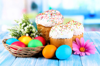 обоя праздничные, пасха, столешница, яйца, куличи, цветы, корзинка