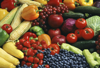 обоя еда, фрукты, овощи, вместе, цуккини, помидоры, виноград, паприка, капуста, ягоды, черника, кукуруза, клубника, яблоки, томаты