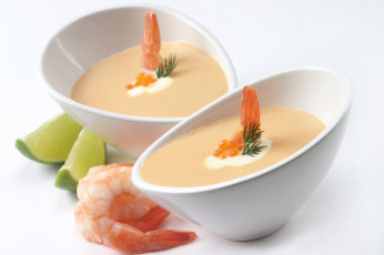 Картинка еда рыбные блюда морепродуктами суп-пюре креветки лайм