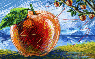 обоя рисованные, еда, макро, фрукты, яблоко, яблоня, дерево
