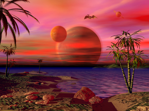Обои картинки фото 3д, графика, atmosphere, mood, атмосфера, настроения, пальмы, планеты, море