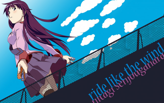 Обои картинки фото аниме, bakemonogatari, senjougahara hitagi, девушка, форма, инструменты, степлер, небо, облака, крыша, ограждение