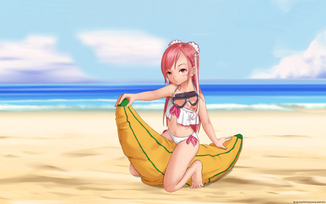 Обои картинки фото аниме, *unknown, другое, маска, банан, море, пляж, девушка