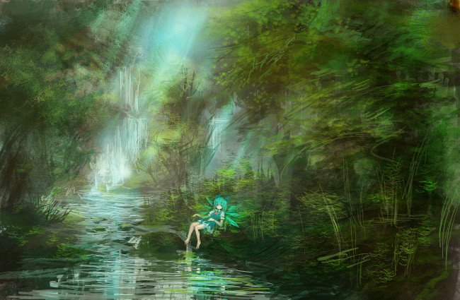 Обои картинки фото аниме, touhou, девушка, лес, ручей