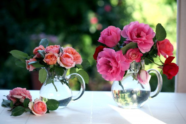 Обои картинки фото цветы, розы, кувшины, вода, букеты