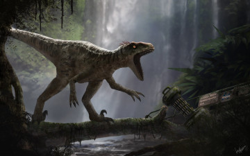 Картинка рисованные животные доисторические лес динозавр река