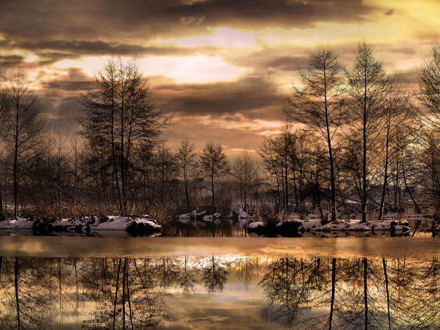 Обои картинки фото природа, реки, озера, деревья, озеро, закат, зима
