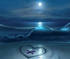 обоя векторная графика, ночь, море, луна, морская звезда, песок, сердце, волна, небо, пляж