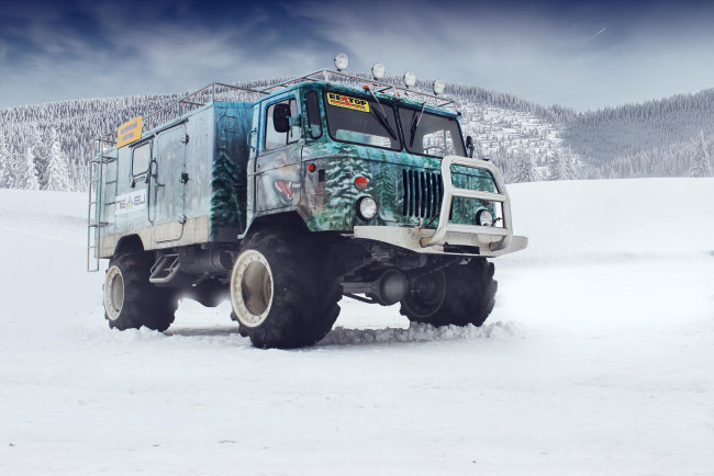 Обои картинки фото автомобили, газ грузовики, горы, off, road, снег, tuning, gaz, 66, газ