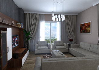 Картинка 3д+графика реализм+ realism штора окно светильник картина коврик диван интерьер комната
