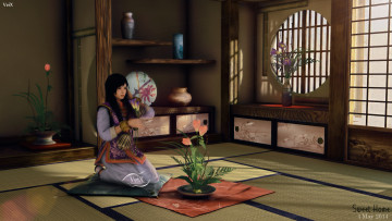 Картинка 3д+графика аниме+ anime комната фон взгляд девушка цветы интерьер