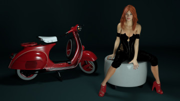 обоя мотоциклы, 3d, мотоцикл, рыжая, фон, взгляд, девушка