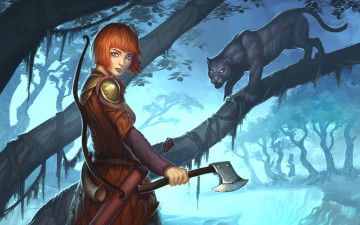 Картинка видео+игры guild+wars+2 оружие ranger девушка пантера дерево кошка