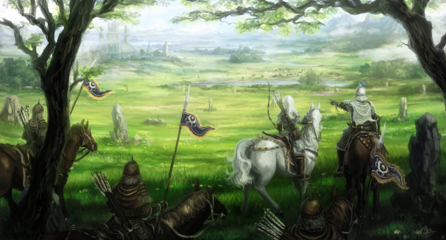 Обои картинки фото рисованное, армия, воины, крепость, луз, лошади