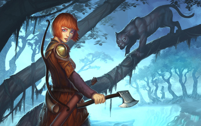 Обои картинки фото видео игры, guild wars 2, оружие, ranger, девушка, пантера, дерево, кошка