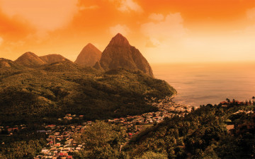 обоя st,  lucia, города, - пейзажи, mountains, lake, sunrise, city, village