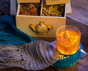Картинка еда напитки +Чай бадьян шарфы ящик специи стакан чай
