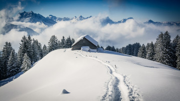 Картинка природа зима горы дом снег
