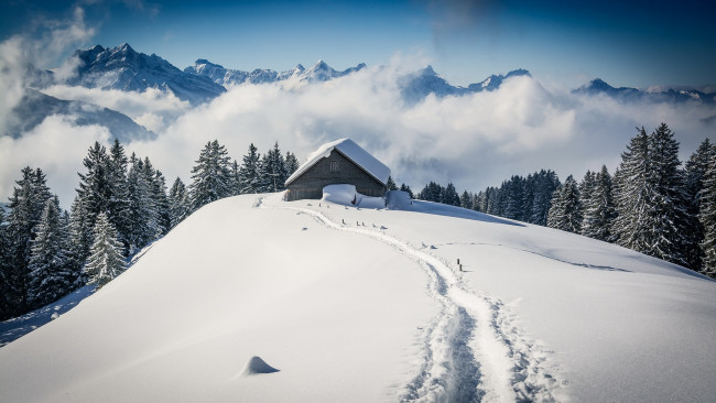 Обои картинки фото природа, зима, горы, дом, снег