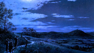Картинка фэнтези _lord+of+the+rings хоббиты ночь селение холмы тропа путешественники