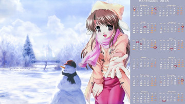 обоя календари, аниме, зима, снеговик, взгляд, девушка, эмоции