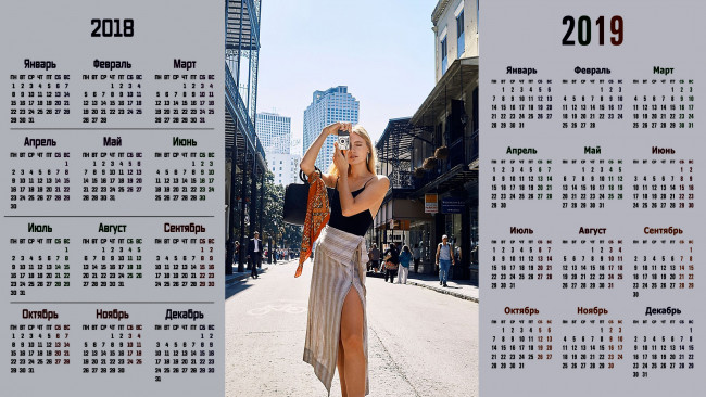 Обои картинки фото календари, девушки, здание, улица, фотоаппарат