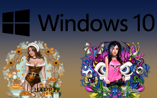 Обои картинки фото компьютеры, windows  10, фон, логотип, взгляд, девушки