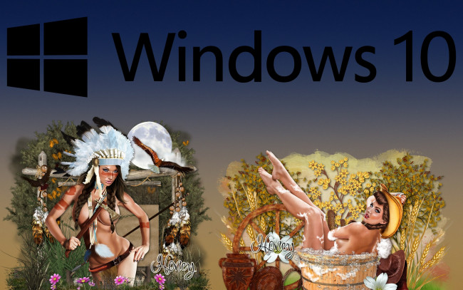 Обои картинки фото компьютеры, windows  10, фон, логотип, взгляд, девушки