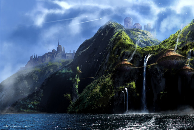 Обои картинки фото фэнтези, пейзажи, строения, горы, skull-waterfall, lost, island, водопад, берег
