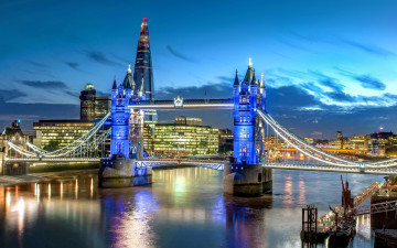 обоя города, лондон , великобритания, река, мост, вечер, огни