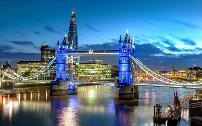 Обои картинки фото города, лондон , великобритания, река, мост, вечер, огни
