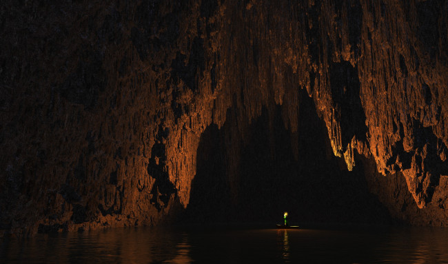 Обои картинки фото 3д графика, природа , nature, пещера, озеро, лодка, человек, факел
