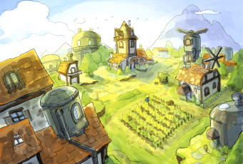 Картинка рисованное города селение дома огород