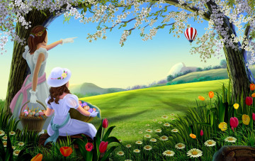 Картинка рисованное праздники девочки корзины яйца воздушный шар