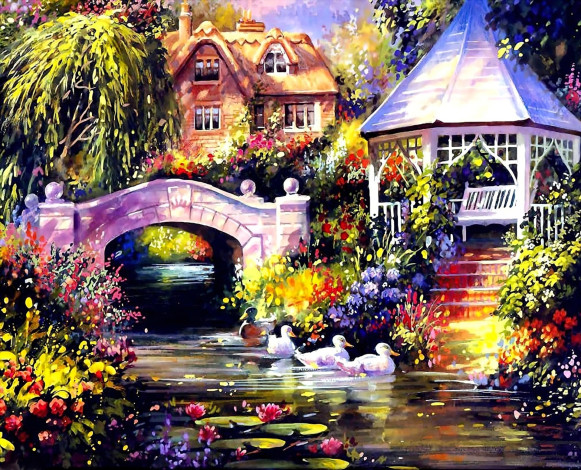 Обои картинки фото рисованное, города, дома, сад, мост, речка